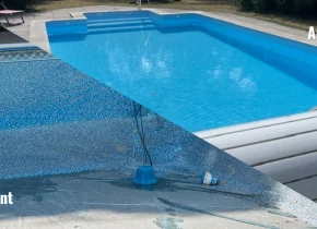 Un liner de piscine avant et après l’intervention de équipes SAV d'Aid’eau Piscine & Spa.