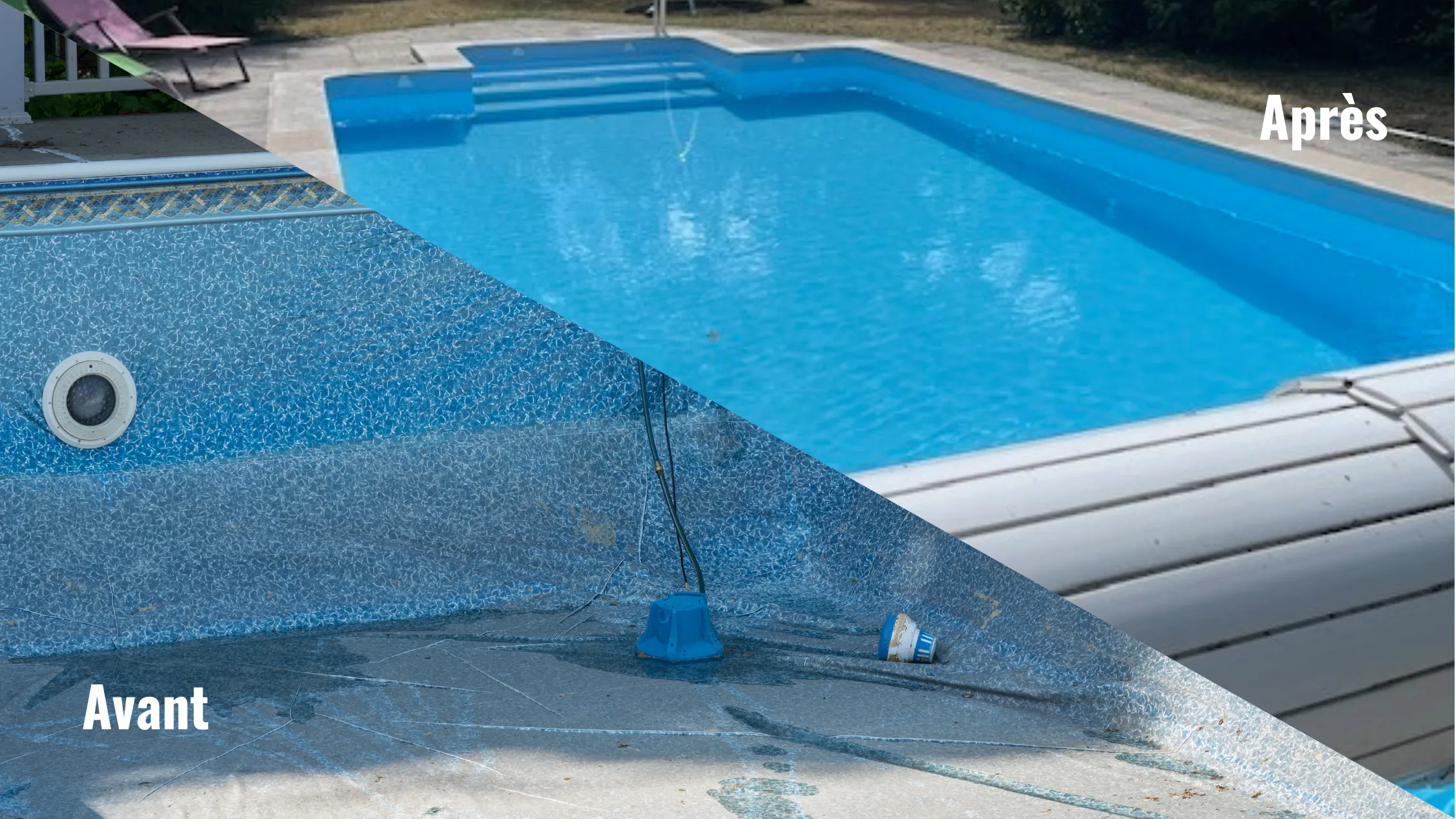 Un liner de piscine avant et après l’intervention de équipes SAV d'Aid’eau Piscine & Spa.